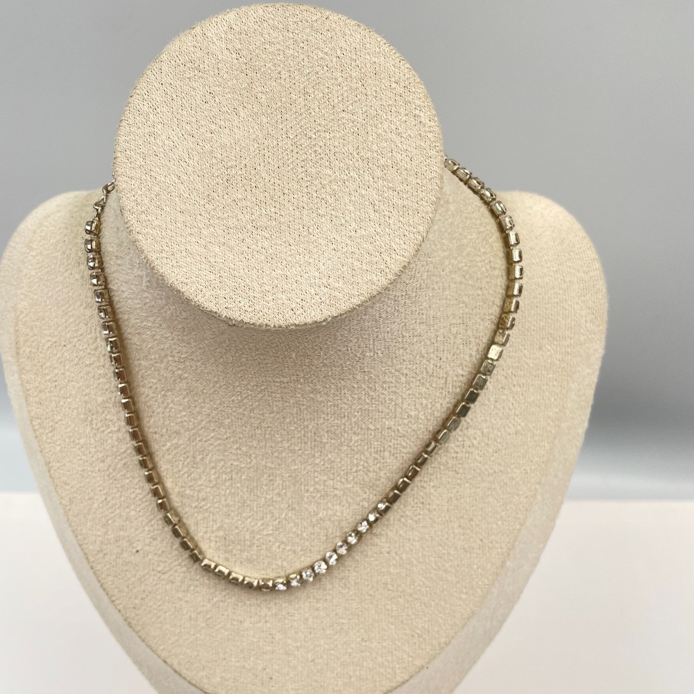 Vintage Silver Tone Clear Rhinestone Tennis Necklace Choker Adjustable